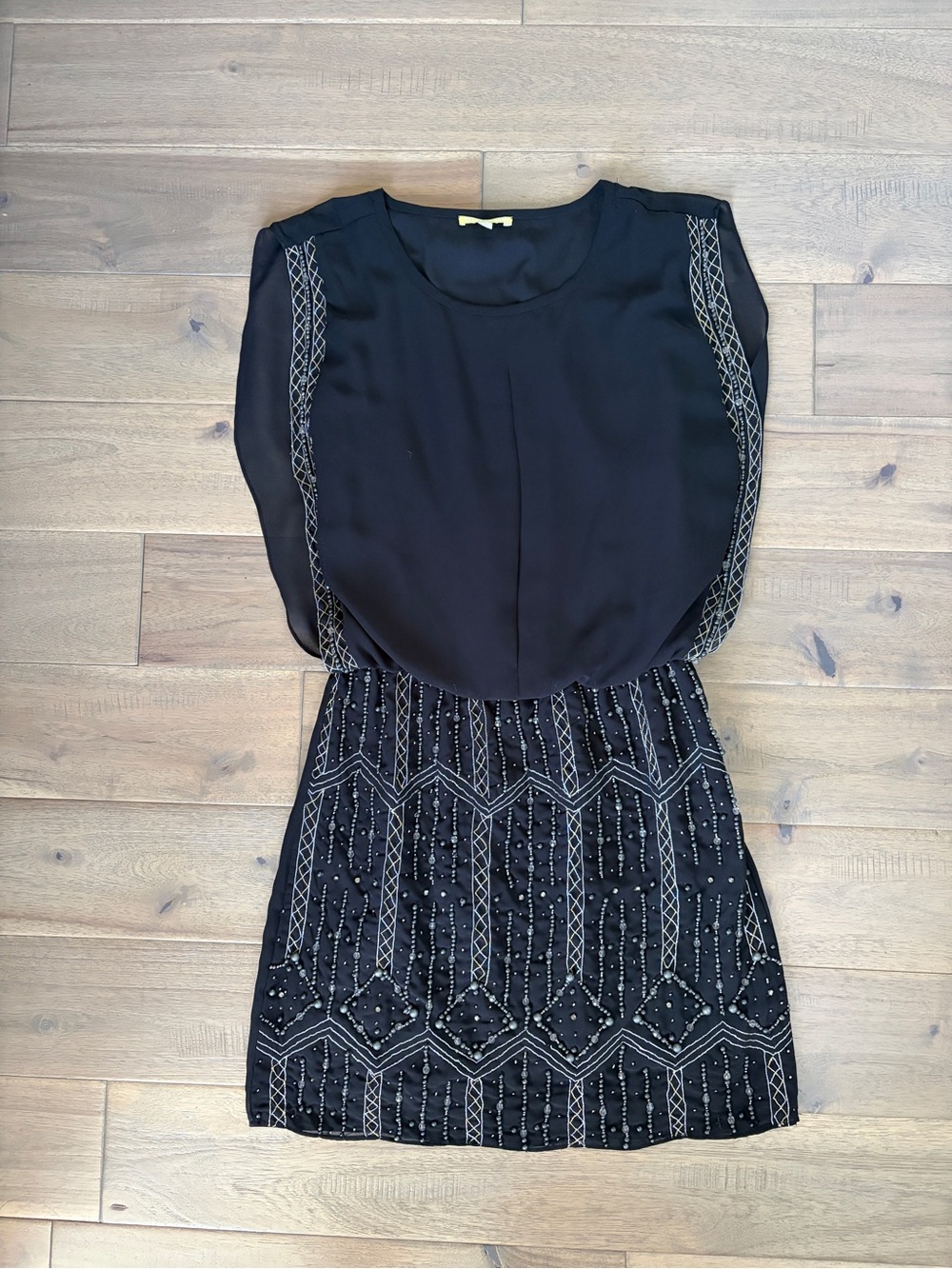 Gianni Bini black blouson beadwork cocktail midi dress Art Deco XS